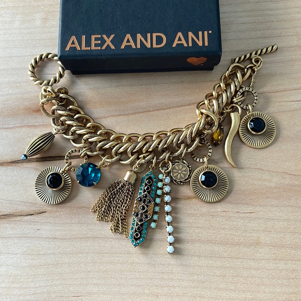 Alex and Ani V66 charm bracelet gold and teal all stones intact